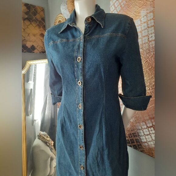 Vintage Stretch Cotton Dark Wash Denim Midi Dress - Picture 3 of 16